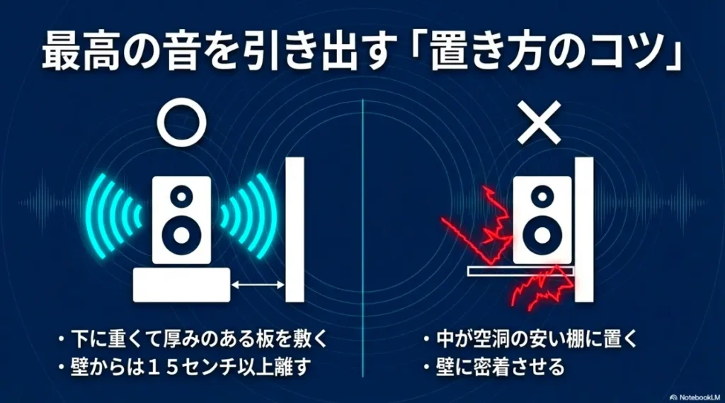 重い板を下に敷く、壁から15cm以上離すといった正しい置き方と、空洞の棚や壁への密着を避ける注意点をまとめたスライド