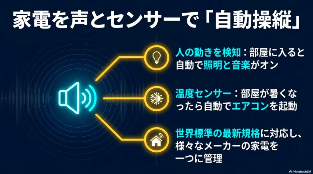 温度センサーや人の動きを検知するセンサーにより、エアコンや照明、音楽を自動で管理・操作できるスマートホーム機能のスライド