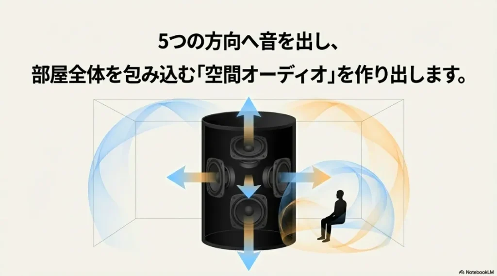 5つの方向へ音を出すことで部屋全体を包み込む「空間オーディオ」を作り出すスピーカー構造