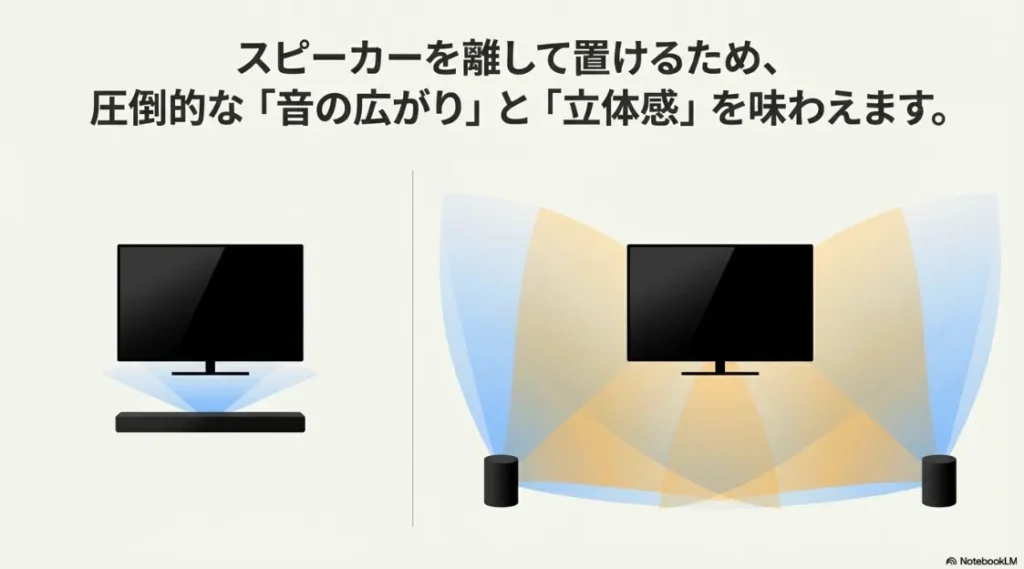 サウンドバーと、スピーカーを離して置いたステレオ構成による音の広がりと立体感の比較図