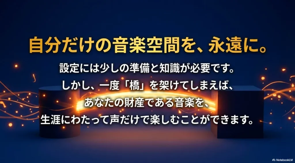 設定を終えれば、大切な音楽資産を一生涯声だけで楽しめるようになるという結びのメッセージ