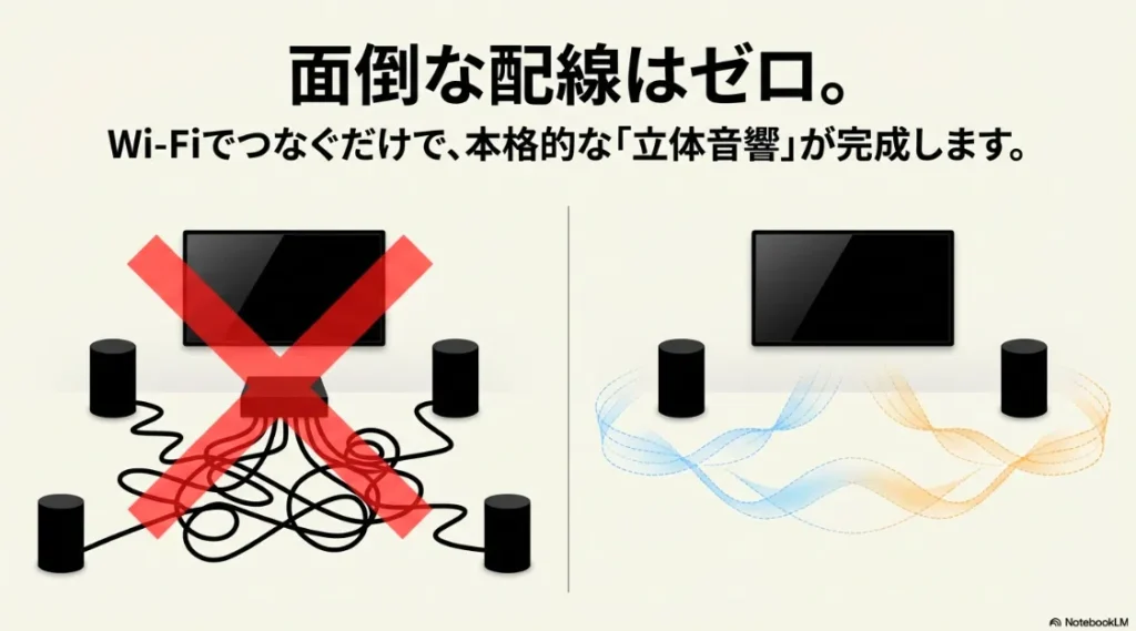 複雑な配線が不要で、Wi-Fi接続のみで本格的な立体音響が完成することを示す比較図