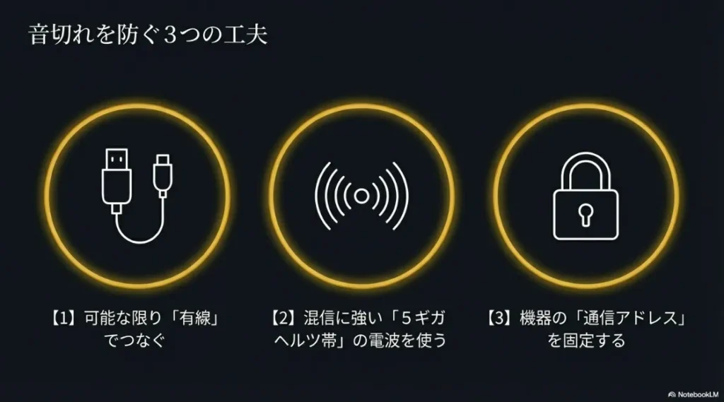 有線接続、5GHz帯の使用、IPアドレスの固定という、HEOSの通信を安定させるための3つのテクニック