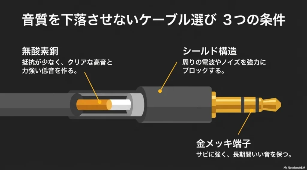 無酸素銅、シールド構造、金メッキ端子それぞれの役割と、クリアな高音・力強い低音を作るケーブルの構造説明
