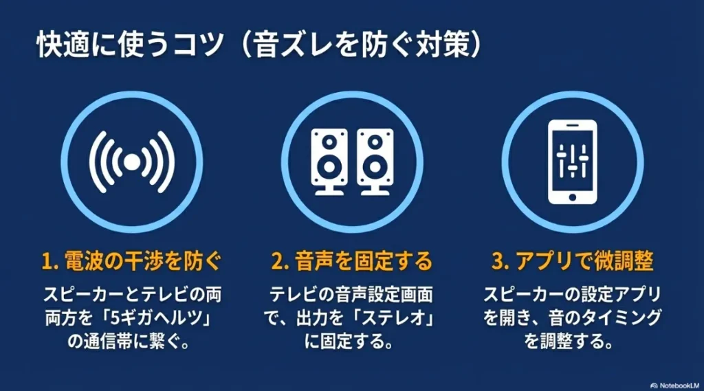 5GHz帯の利用、ステレオ固定、アプリでの音のタイミング微調整による遅延対策のまとめ