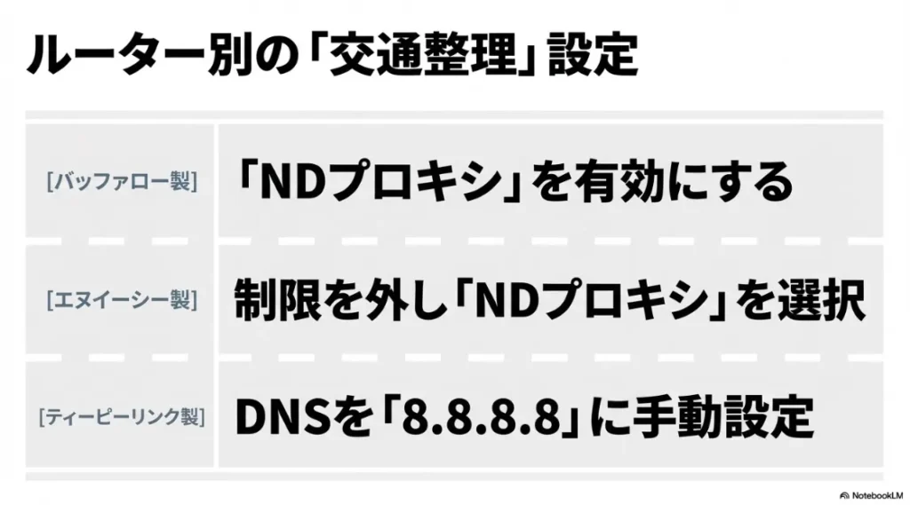 バッファローやNECのNDプロキシ設定、TP-LinkのDNS設定（8.8.8.8）のまとめ