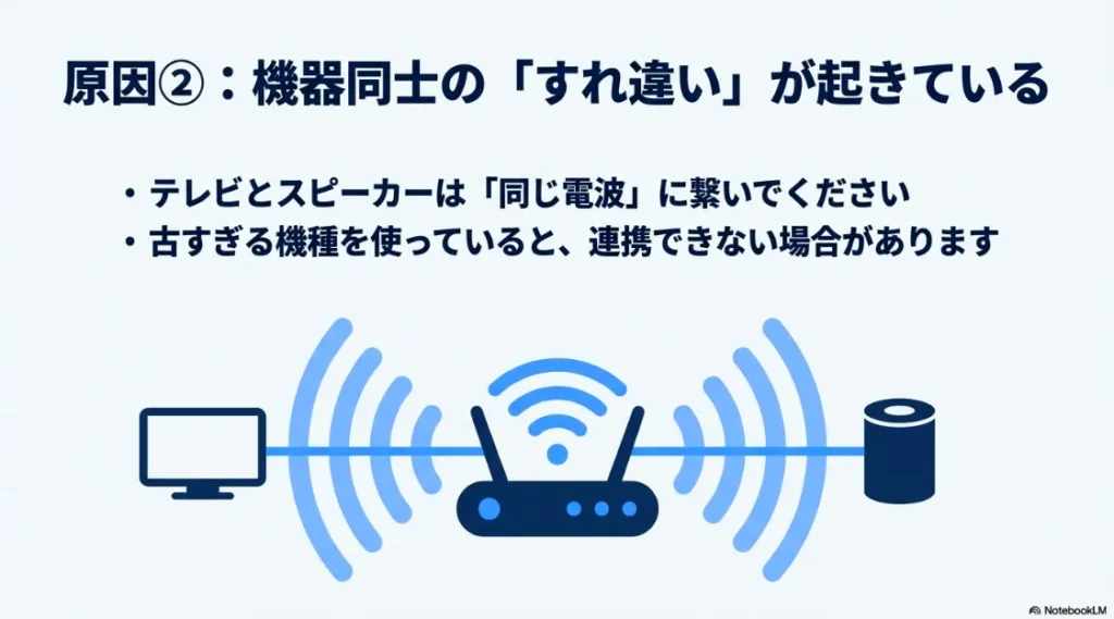 テレビとスピーカーを同じ電波に繋ぐ必要があることを示すイラスト 。古い機種では連携できない場合がある点も示唆しています