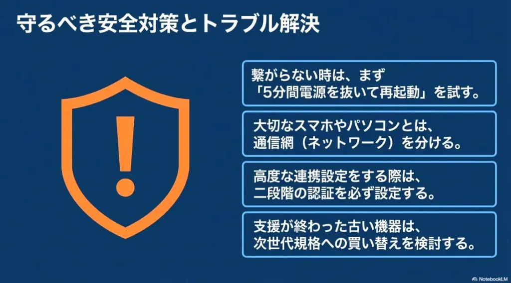 再起動の手順、通信網の分離、二段階認証の設定など、安全に使うためのチェックリスト