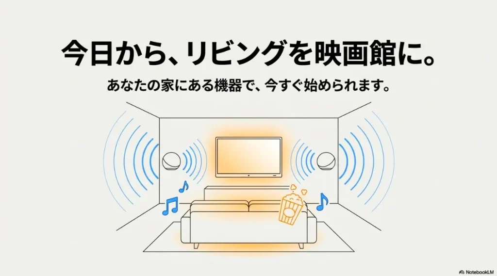 リビングで映画を楽しむイラストと共に、手持ちの機器ですぐに始められることを促すクロージング画像