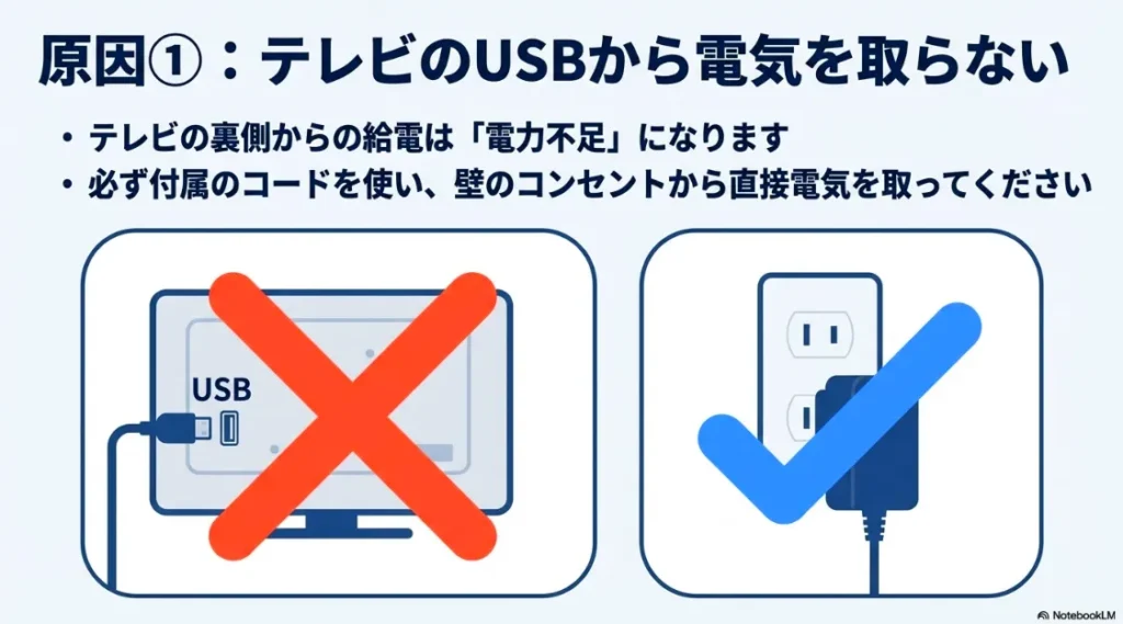 テレビ背面のUSBからの給電は電力不足になるため、必ず壁のコンセントから電気を取るよう説明する比較画像
