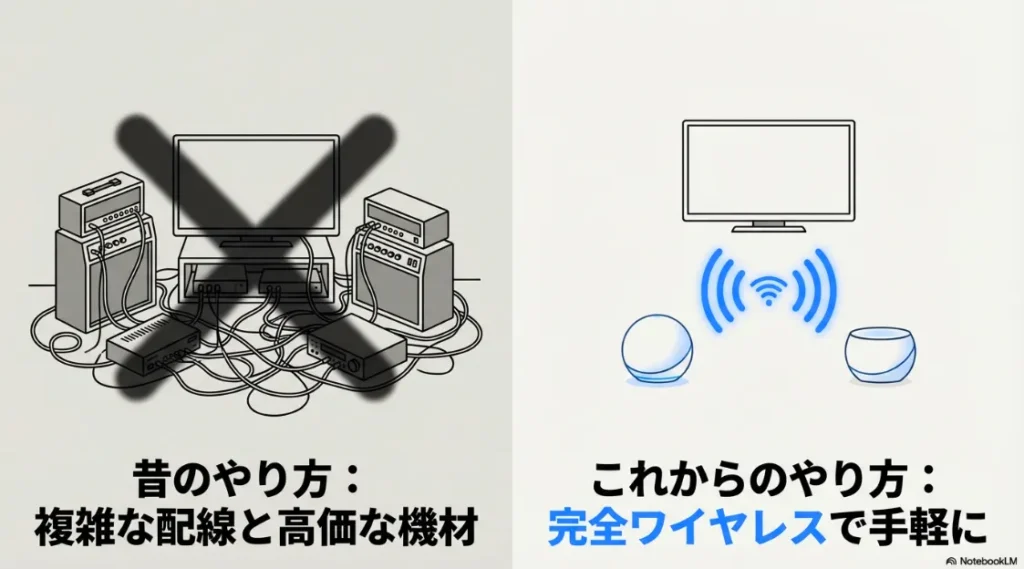 昔の複雑な有線接続と、最新のFire TV・Echoによるシンプルな完全ワイヤレス構成を比較した図