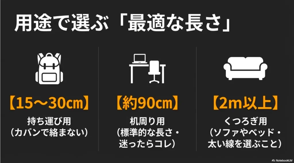持ち運び用(15-30cm)、机周り用(90cm)、くつろぎ用(2m以上)の長さ別の使い分け