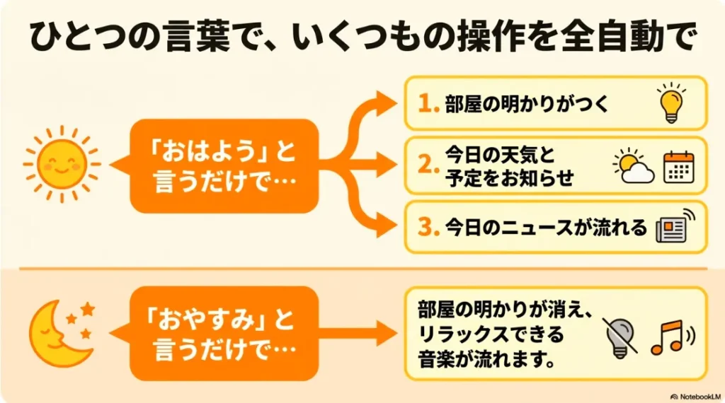 「おはよう」や「おやすみ」の一言で照明、天気、ニュース、音楽を全自動で操作する流れ