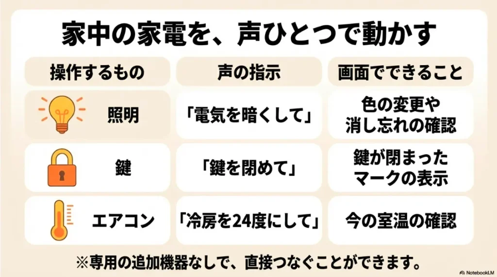 照明・鍵・エアコンを声で操作し、画面で状態を確認できるスマートホーム機能の比較表