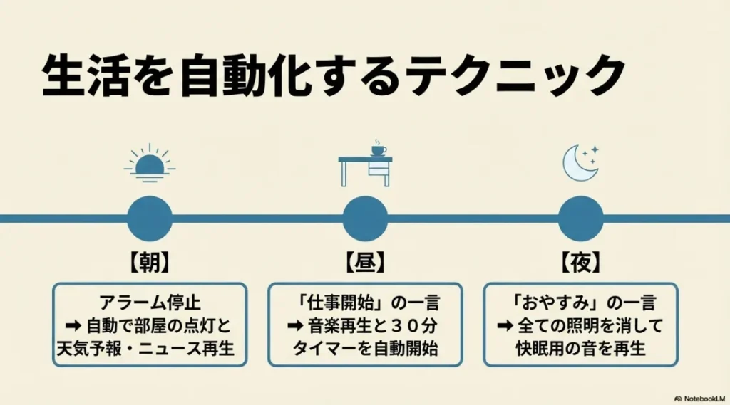 朝の天気ニュース、昼の仕事タイマー、夜の消灯など生活を自動化するルーティンの例