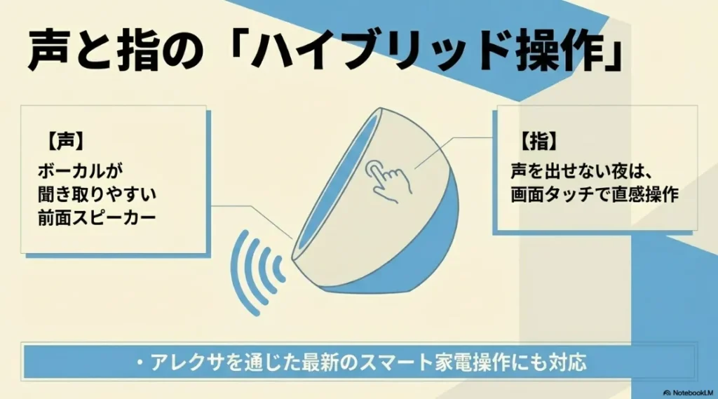 音声操作だけでなく画面タッチでも操作可能なEcho Spotの操作方法の解説画像