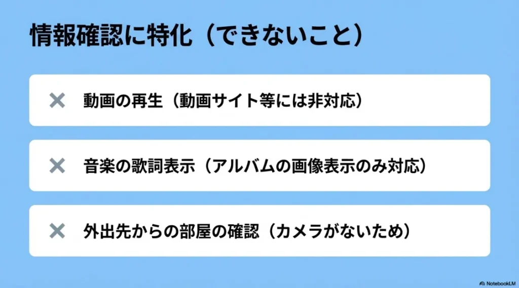動画再生や歌詞表示、カメラ見守り機能が使えないことを示す注意点まとめ
