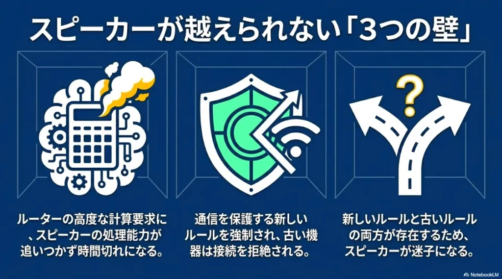 ルーターの高度な計算要求、新しいルールの強制、新旧ルールの混在による迷いを示すイラスト