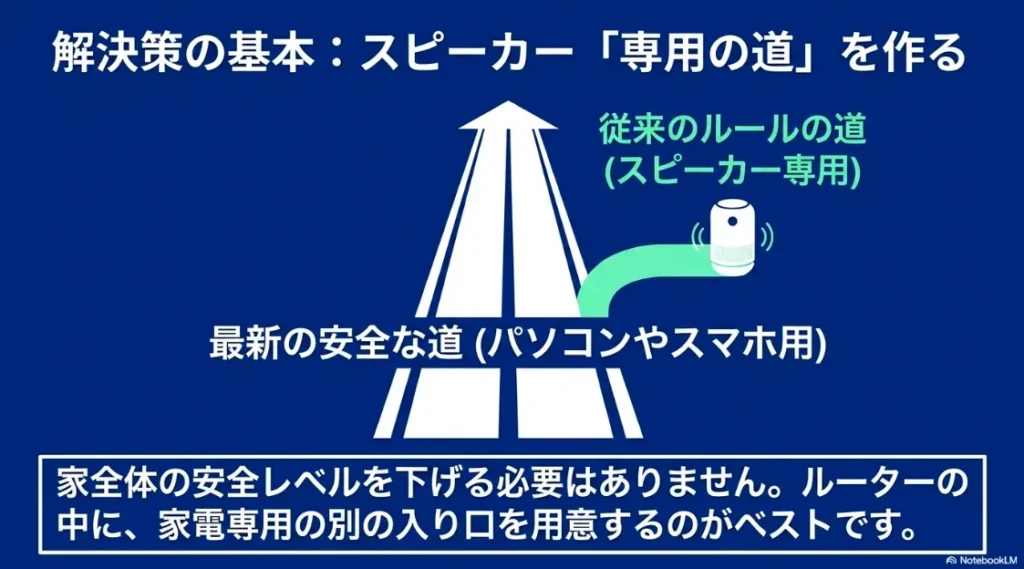 パソコン用の道とは別に、家電専用の「従来のルールの道」をルーター内に用意するイメージ図