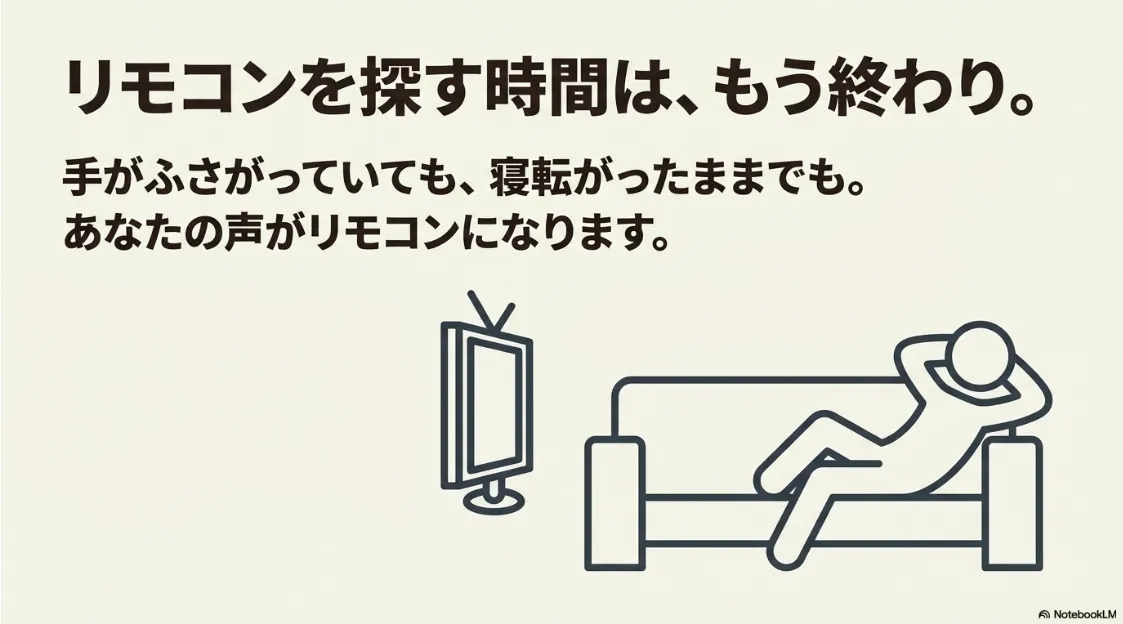 手がふさがっていても寝転がっていても声がリモコンになるメリットの図解