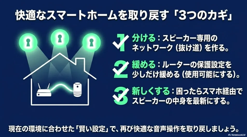 「分ける」「緩める」「新しくする」という3つの解決策の総括図