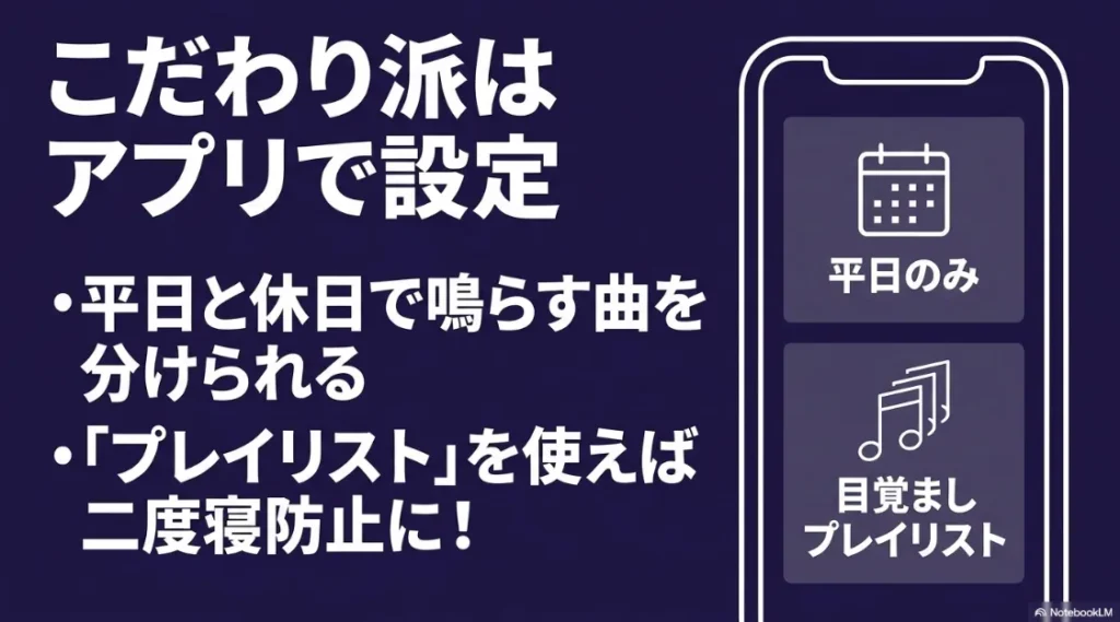 アレクサアプリで平日・休日ごとに曲を分けたり、プレイリストを指定して二度寝を防ぐ設定