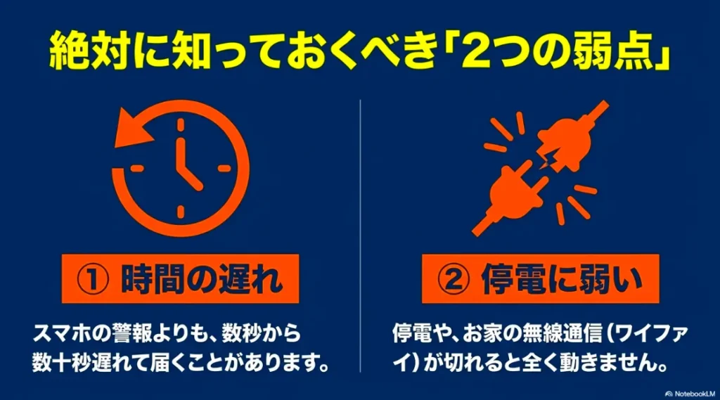 スマートスピーカーの弱点である「情報の遅延」と「停電・Wi-Fi切断時の脆弱性」を解説したスライド