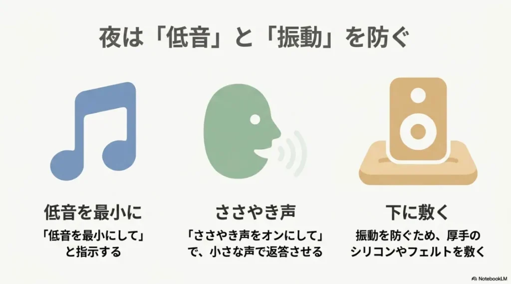 低音を最小にする指示、ささやき声のオン、本体の下に厚手のシリコンやフェルトを敷くことで夜間の低音と振動を防ぐ対策スライド