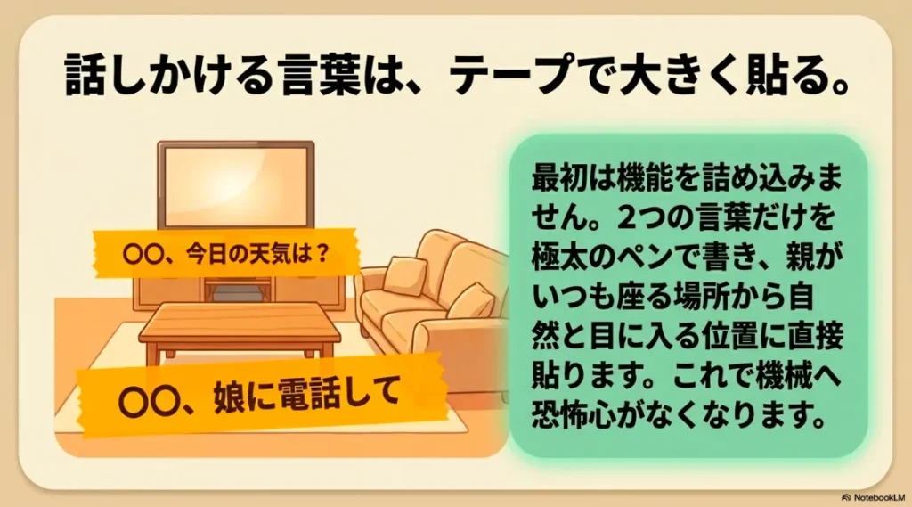 「〇〇、今日の天気は？」「〇〇、娘に電話して」という2つの言葉だけを極太ペンで書き、親が座る場所から目に入る位置に直接貼ることで、機械への恐怖心をなくす工夫を解説したスライド