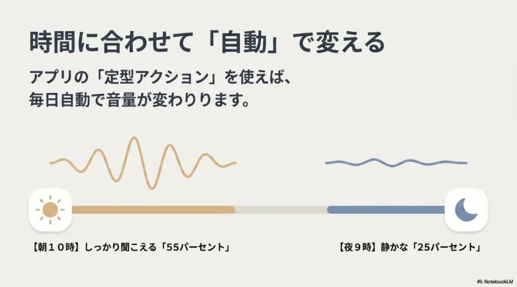 定型アクションを使い、朝10時はしっかり聞こえる55%、夜9時は静かな25%に自動で音量を変更するイメージスライド