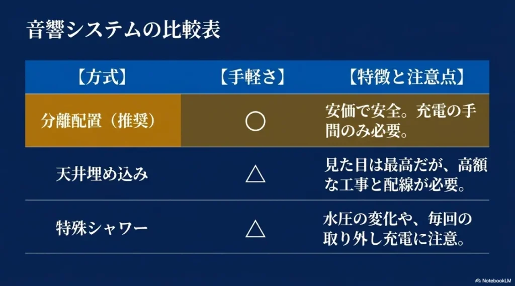 分離配置(推奨)、天井埋め込み、特殊シャワーの3方式について、手軽さや工事・配線・充電サイクルといった特徴・注意点をまとめた比較表のスライド