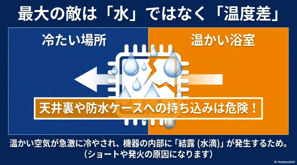 最大の敵は水ではなく温度差であり、温かい空気が急激に冷やされて機器内部にショートや発火の原因となる結露が発生するリスクを解説した図解スライド