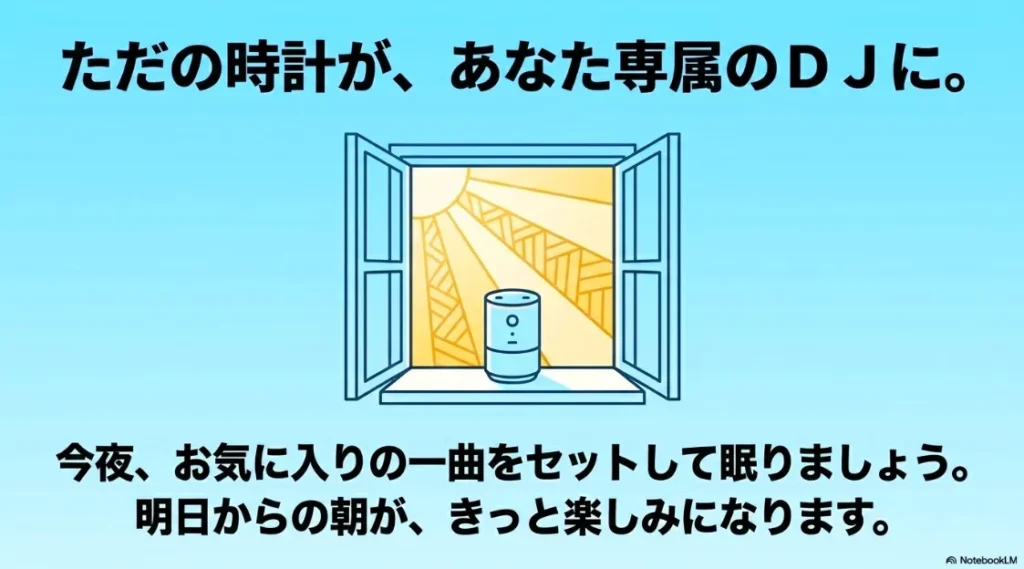Amazon Echoをお気に入りの曲をセットして眠ることで明日が楽しみになるというメッセージ