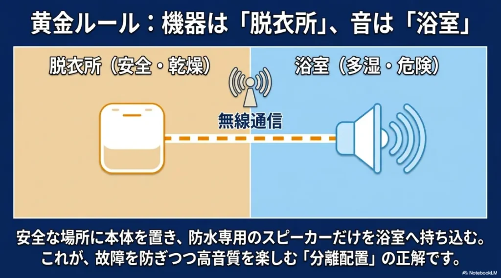 黄金ルールとして、安全・乾燥した脱衣所にスマートスピーカー本体を置き、無線通信で多湿な浴室内の防水スピーカーへ音を飛ばす「分離配置」の仕組みを説明する図解スライド