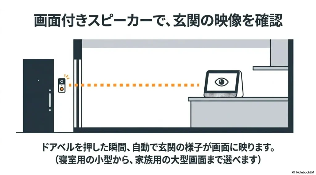 ドアベルが押された瞬間、自動的にEcho Showの画面に玄関の様子が映る様子を示したイラスト