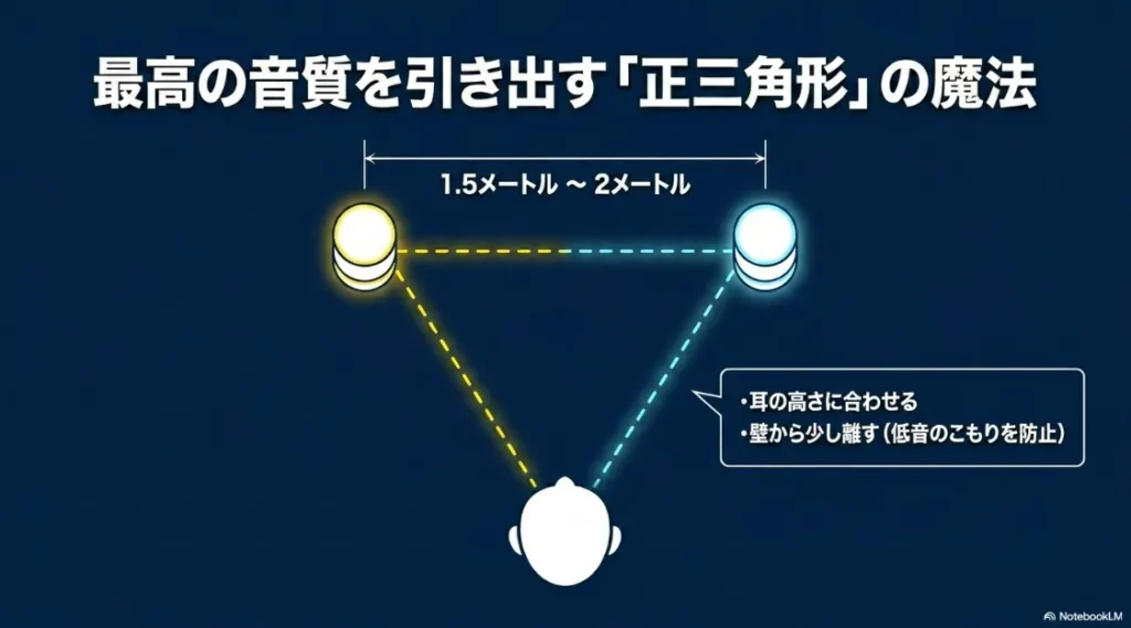 スピーカー同士を1.5メートル〜2メートル離して設置し、耳の高さに合わせ、低音のこもりを防止するために壁から少し離すという、最高の音質を引き出す「正三角形」の魔法の配置を解説するスライド