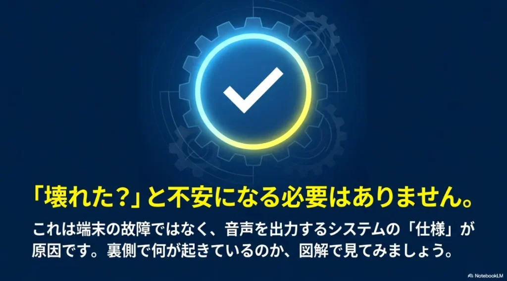 「壊れた？」と不安になる必要はなく、2台のスピーカーから音が出ないのは故障ではなく音声出力システムの仕様（仕組み）が原因であることを説明する図解スライド