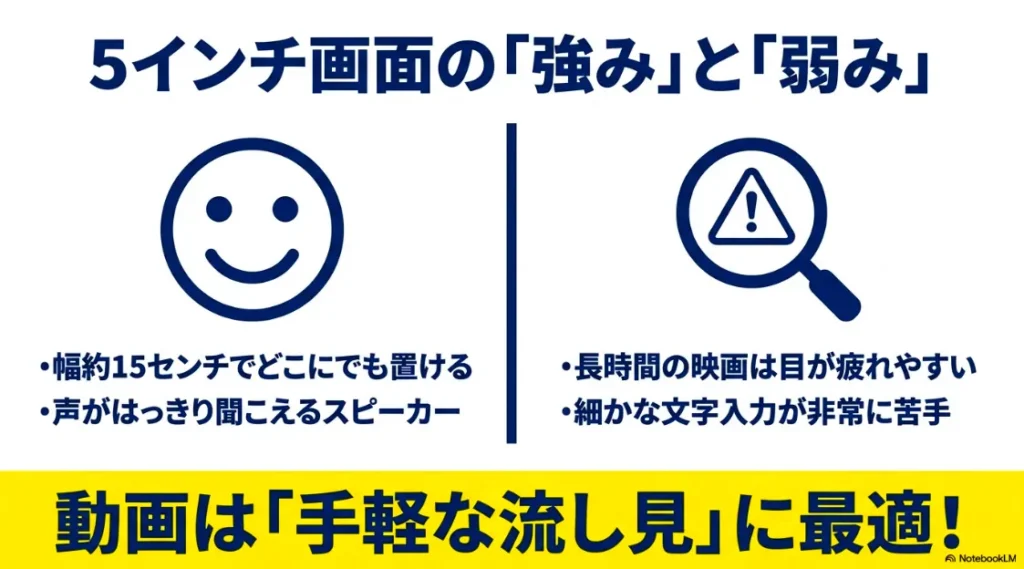5インチ画面の「強み」と「弱み」の比較 。幅約15センチでどこにでも置け 、声がはっきり聞こえるスピーカーの一方 、長時間の映画は目が疲れやすく 、細かな文字入力が苦手という特徴 。動画は「手軽な流し見」に最適であることの解説