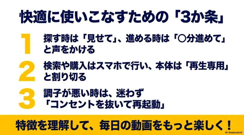 快適に使いこなすための「3か条」のまとめ 。1.探す時は「見せて」、進める時は「○分進めて」と声をかける 。2.検索や購入はスマホで行い、本体は「再生専用」と割り切る 。3.調子が悪い時は、迷わず「コンセントを抜いて再起動」