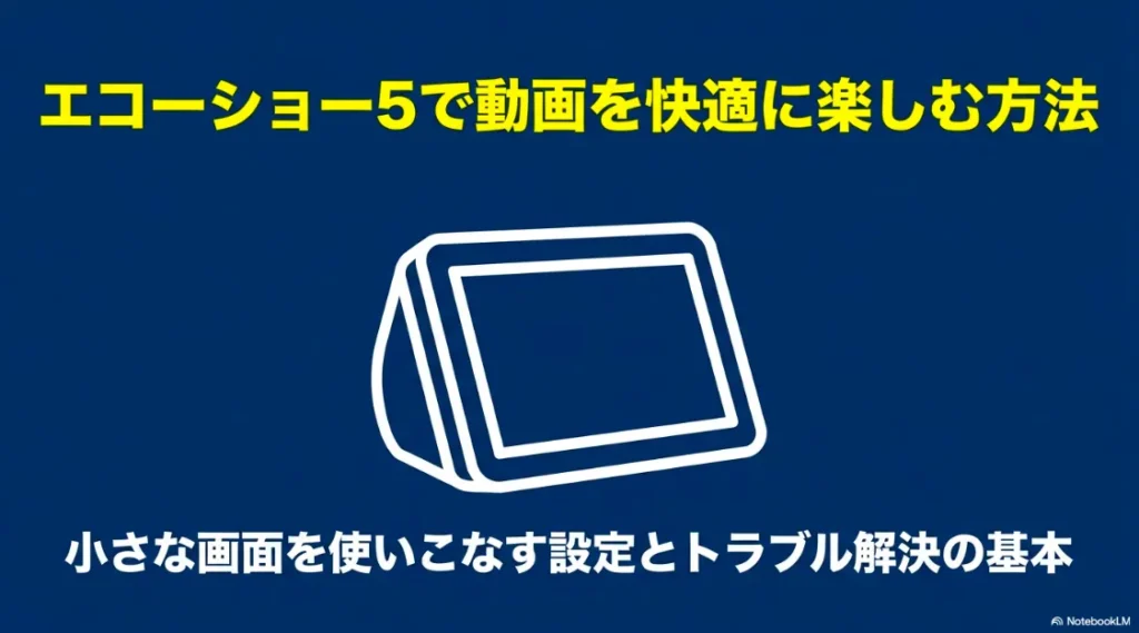 「エコーショー5で動画を快適に楽しむ方法」および「小さな画面を使いこなす設定とトラブル解決の基本」と書かれた、Echo Show 5のイラスト付きガイドの表紙スライド