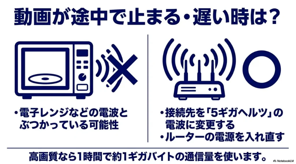 動画が途中で止まる・遅い時の対策 。電子レンジなどの電波とぶつかっている可能性に対し 、接続先を「5ギガヘルツ」の電波に変更する手順とルーターの電源を入れ直す案内 。高画質なら1時間で約1ギガバイトの通信量を使う目安
