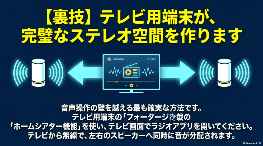 音声操作の壁を越える最も確実な方法として、テレビ用端末の「ホームシアター機能」を使い、テレビから無線で左右のスピーカーへ同時に音を分配してラジオアプリを開く裏技を解説するスライド