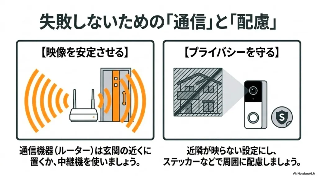 ルーターを玄関近くに置く対策と、近隣が映らない設定やステッカー掲示の配慮についての図解