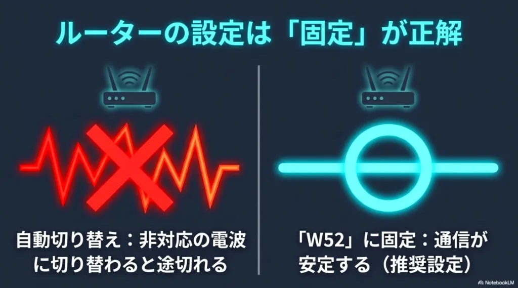 WiFiの5GHz帯で通信を安定させるためにW52チャンネルへの固定を推奨する解説図