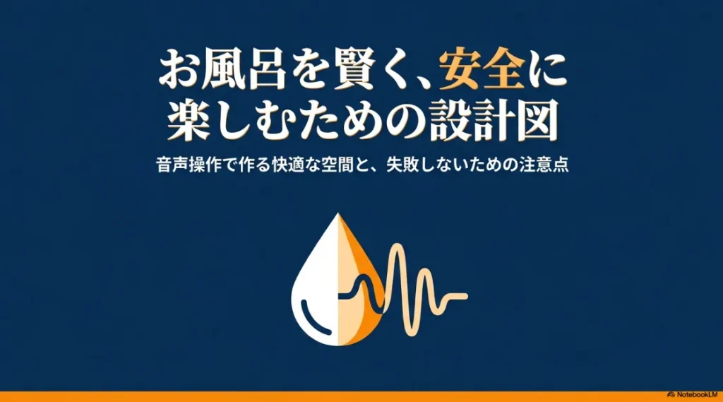 「お風呂を賢く、安全に楽しむための設計図 音声操作で作る快適な空間と、失敗しないための注意点」と書かれたプレゼン資料の表紙スライド