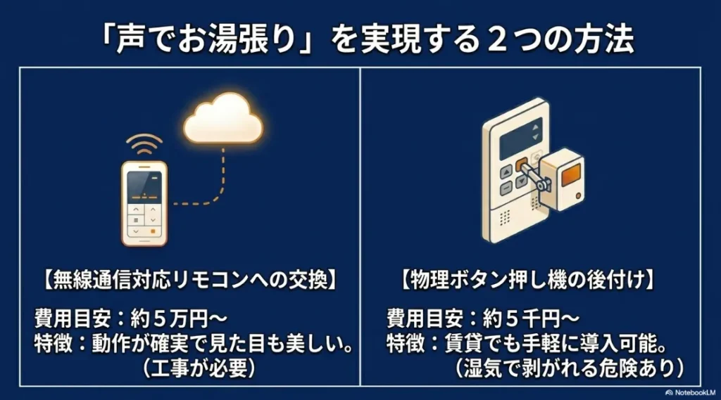 「声でお湯張り」を実現する方法として、無線通信対応リモコンへの交換(工事必要・高額)と、物理ボタン押し機の後付け(安価・手軽)の2種類を比較しているスライド