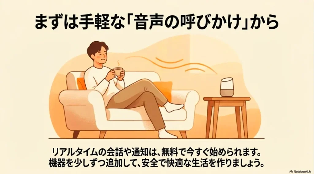 ソファでリラックスしながら音声スピーカーを活用し、安全で快適な生活を楽しむイメージ図