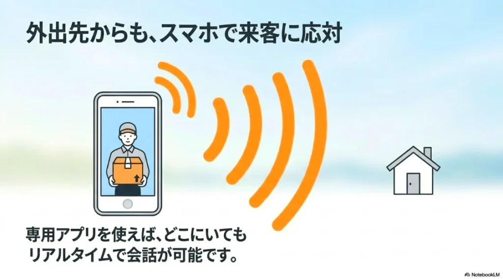 自宅の外からスマートフォンの専用アプリを使って、来客とリアルタイムで会話するイメージ図