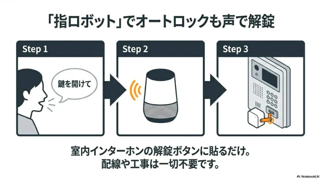 室内インターホンの解錠ボタンに指ロボットを貼り付け、声だけで操作するステップ解説図