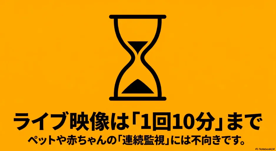 ライブ映像の視聴は1回10分までであり、ペットや赤ちゃんの連続監視には不向きであることを示すスライド資料